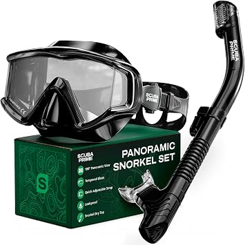 Pano 3 180 Panoramic Dive Mask, Three-Window Tempered Glass Scuba Mask with Dry Top Snorkel, Dual-Layer Silicone Skirt Anti-Leak Diving Gear for Men Women Teens Adults, 4 Color Options