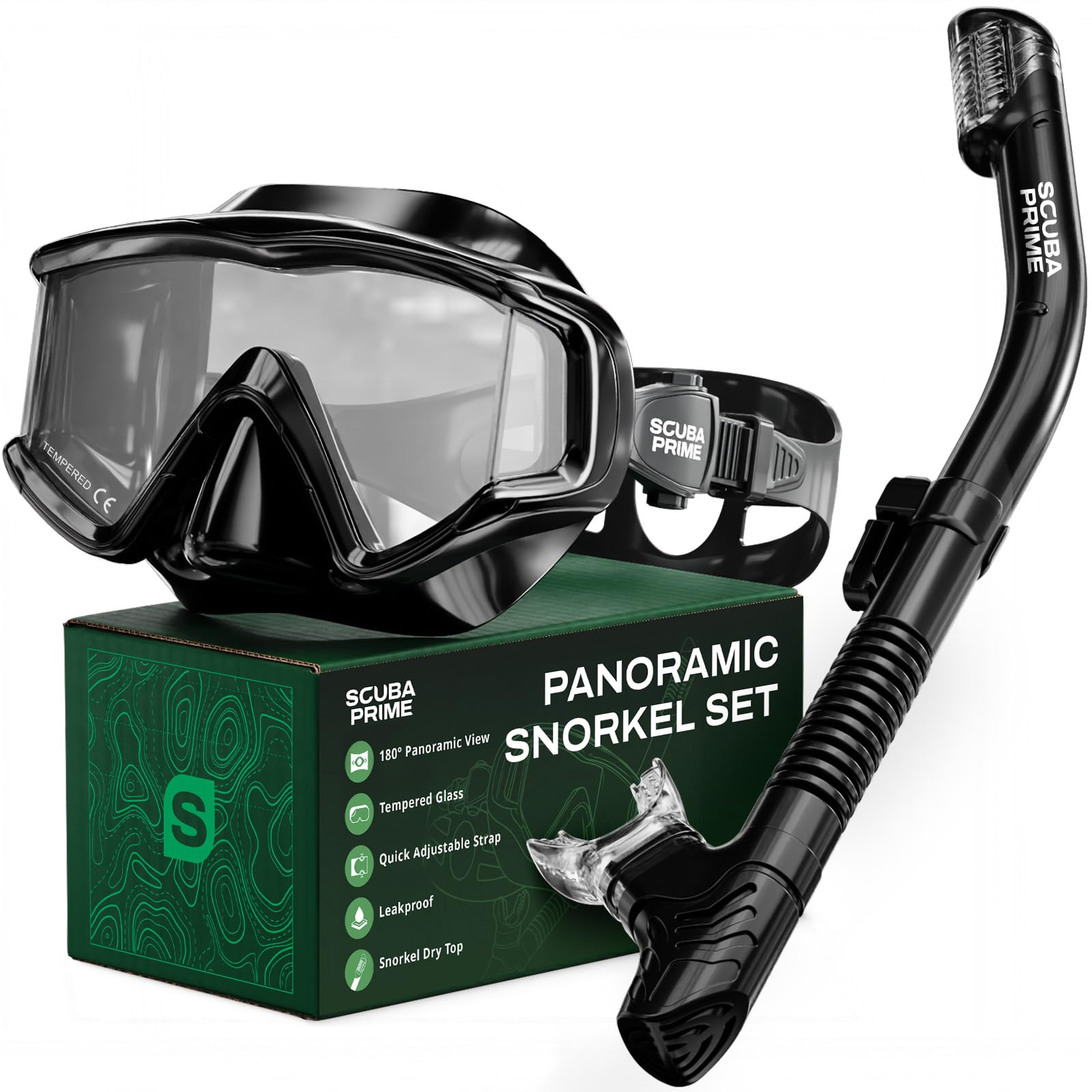 Scuba Prime Pano 3 180° Panoramic Dive Mask, Three-Window Tempered Glass Scuba Mask with Dry Top Snorkel, Dual-Layer Silicone Skirt Anti-Leak Diving Gear for Men Women Teens Adults, Black - Classic