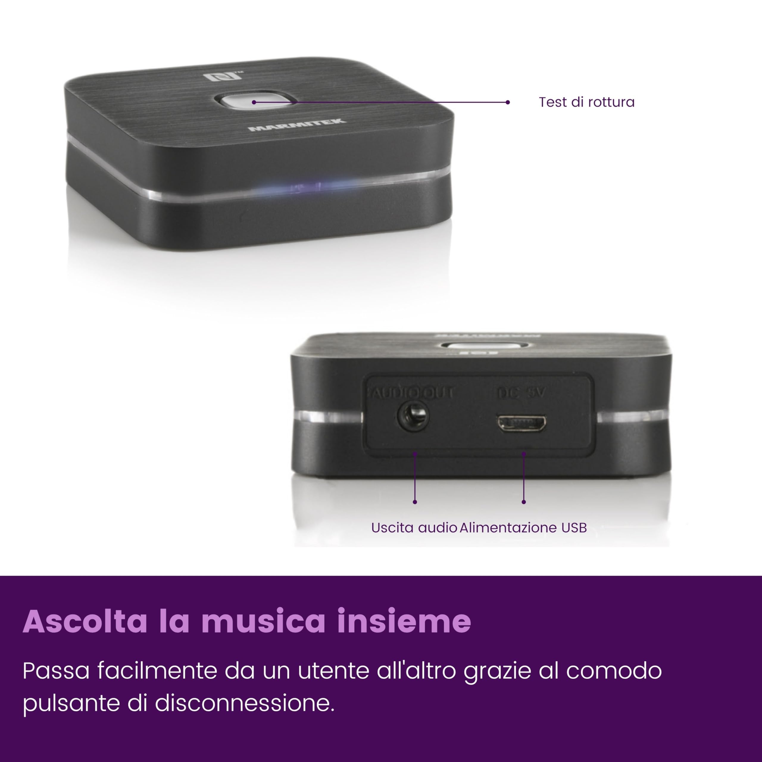 Ricevitore Bluetooth Marmitek BoomBoom 80 – Streaming audio wireless – NFC, cambio facile tra smartphone – Trasforma impianto Hi‑Fi – Adattatore Bluetooth