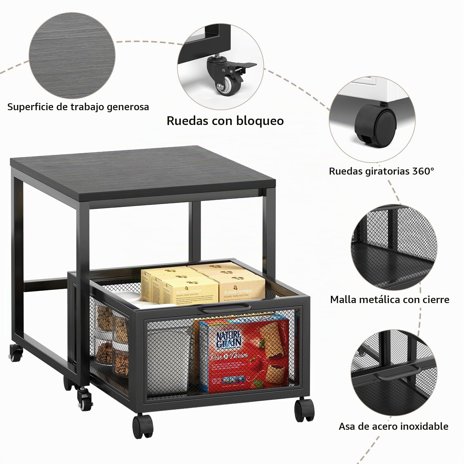 Mesa para Impresora con Ruedas, Soporte de Impresora, Stand de Impresora con Soporte de Almacenamiento, Carrito de Archivo Rodante de Gabinete con Ruedas, Mesa de Impresora Móvil Para el Hogar, Negro