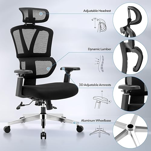 Miniatura 5 de Chair Master Silla ergonómica de oficina de malla con respaldo alto, reposabrazos 3D, reposacabezas ajustable, inclinación variable (ruedas de nylon)