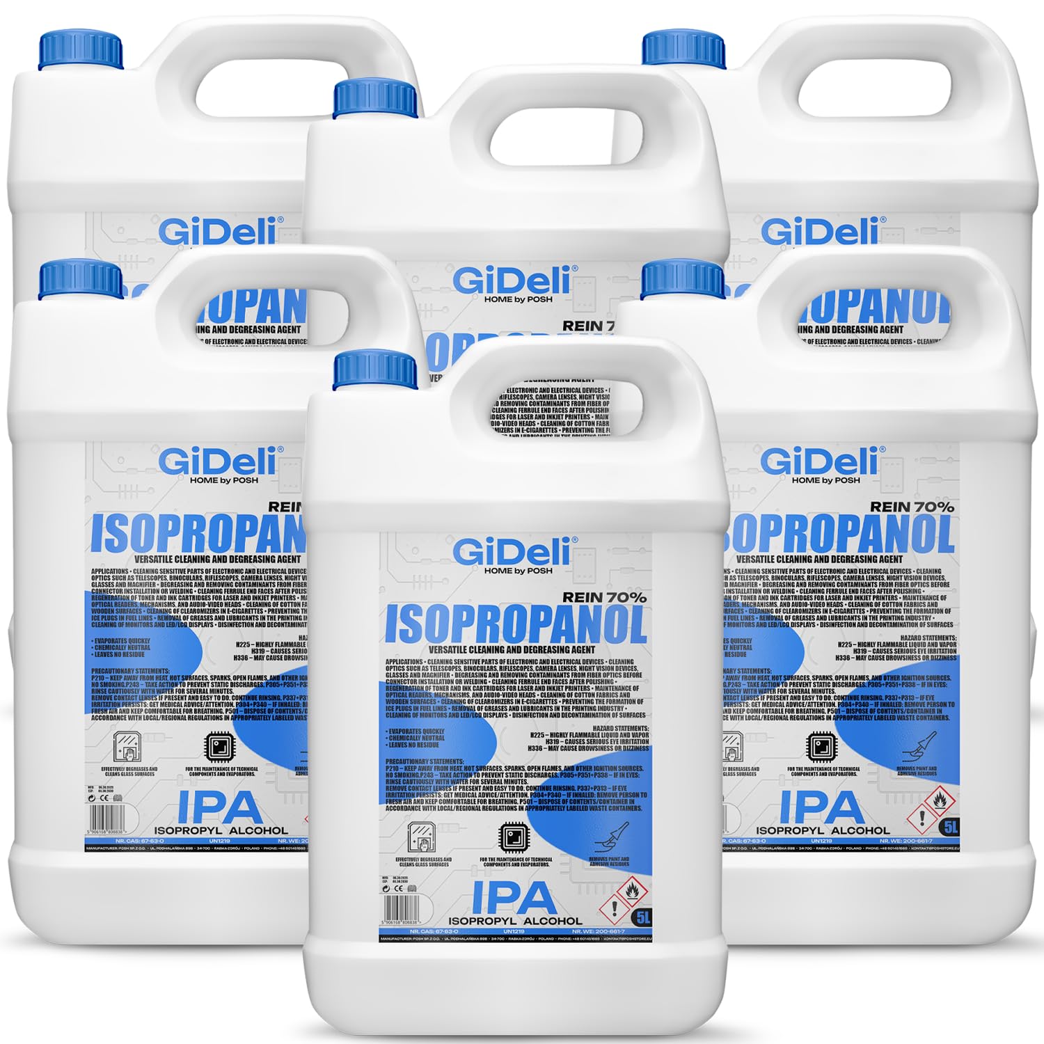 GiDeli Isopropanol 70% 5 x 6L Limpiador de alcohol isopropílico alto porcentaje de alcohol isopropílico IPA para limpieza de componentes electrónicos, lentes y pantallas