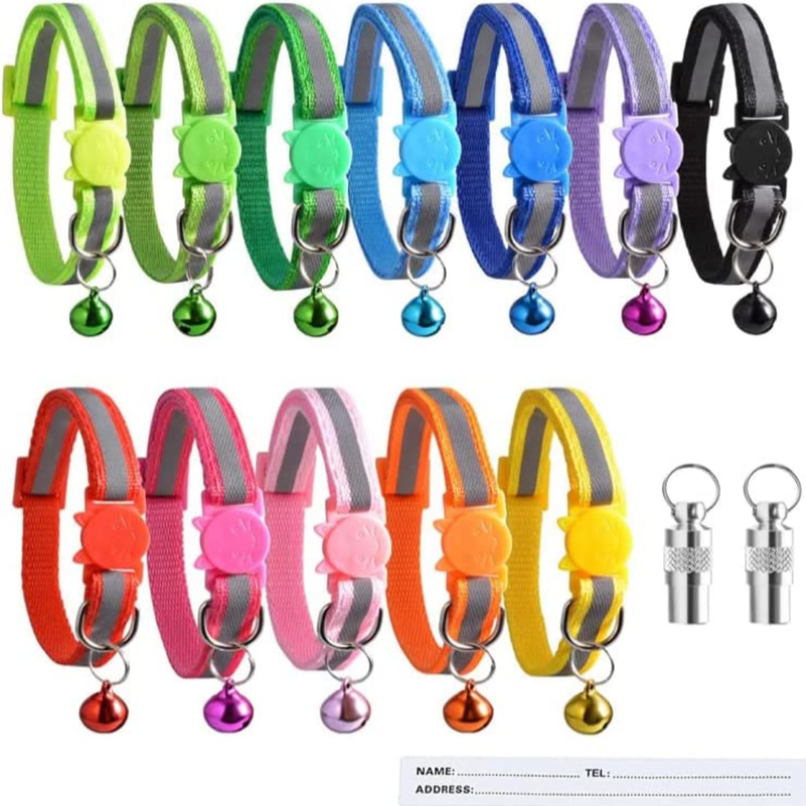 Plastic Nylon Reflective Cat Collars with Bells and Safety Release 12 pack & 2 pack Anti-Lost Tags, 13.7 x 0.4 inch, multicolor, adjustable