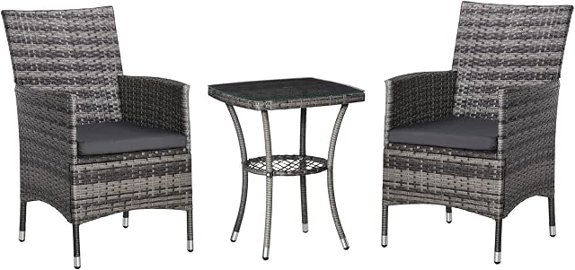 Outsunny 3 Pieces Rattan Bistro Set, Patio Wicker Balcony Furniture, Conservatory Cushioned Chair & Table Sets for Garden, Outdoor, Backyard, Mixed Grey