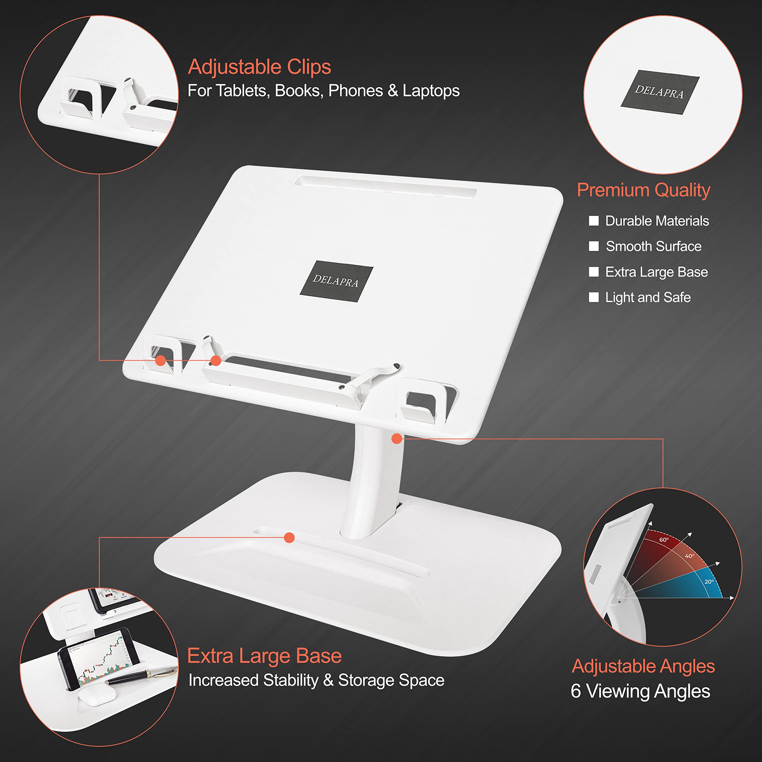 Delapra Laptop Stand for Desk & Bed with Phone Holder | Ergonomic Laptop Riser for Desk | Laptop Holder with Extra Large Base for Stability | 6 Viewing Angles | Height 10.6â€œ Non-Adjustable