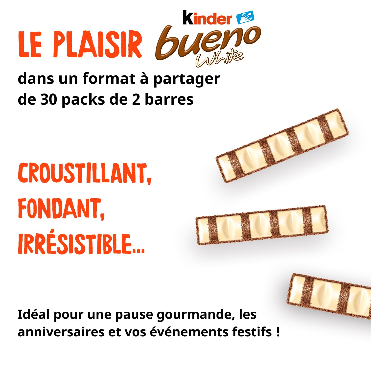 Kinder Bueno White - Fine Gaufrette Enrobée de Chocolat Blanc avec un Coeur Lait et Noisettes - Biscuit Fondant et Croustillant - Format à partager- 30 x 2 Barres (39g)