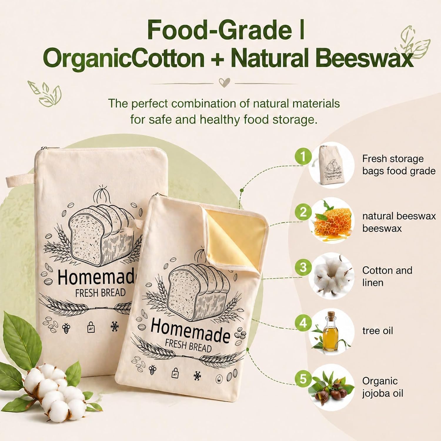 Beeswax Bread Bags, Bread Bags for Homemade Bread, Bees Wax Bread Bag, Reusable & Eco-Friendly,100% Natural Beeswax & Cotton, Long-Lasting Freshness,Airtight & Freezer-Friendly Food Storage
