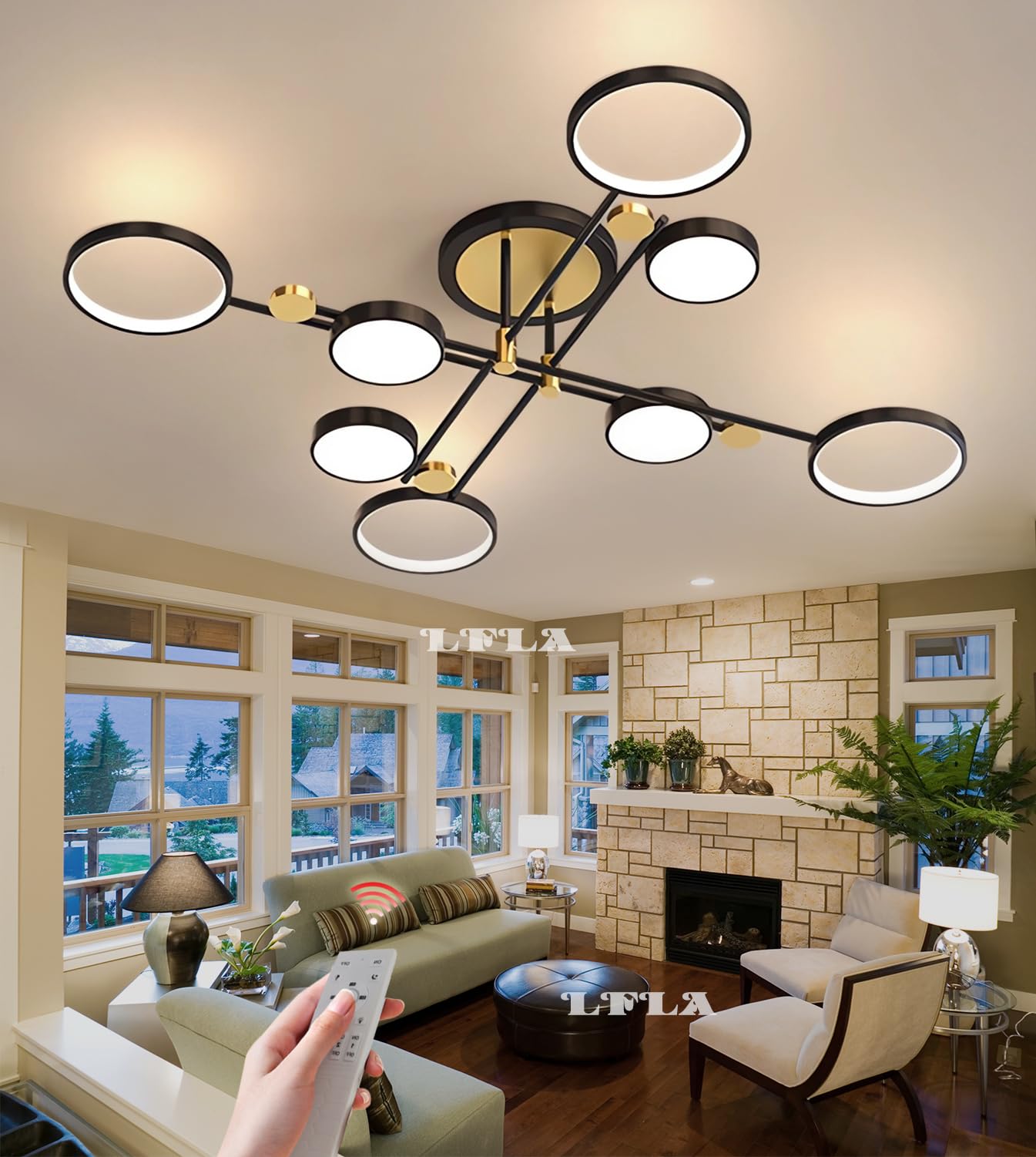 LED Ceiling Light Dimmable Large Living Room Light Fixture Ceiling Lamp Modern Black/Gold Metal Acrylic Rings Bedroom Lamp with Remote Control Dining Room LED Lighting (Black, 8 Flame-126cm-96W)