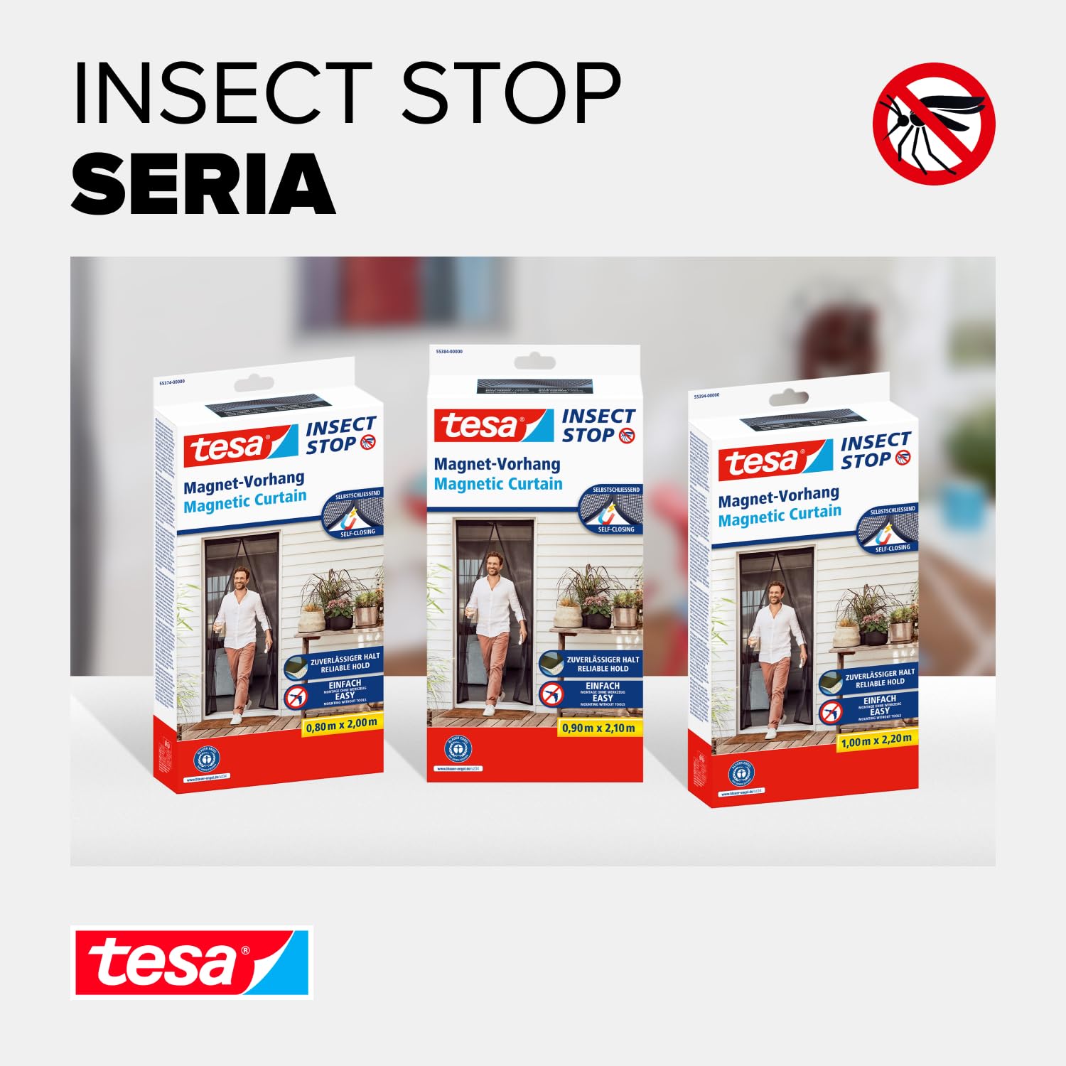 tesa INSECT STOP Magnetic Curtain - samoczynnie zamykająca się zasłona z magnesami na drzwi balkonowe, łatwy montaż bez wiercenia - 220 x 100 cm