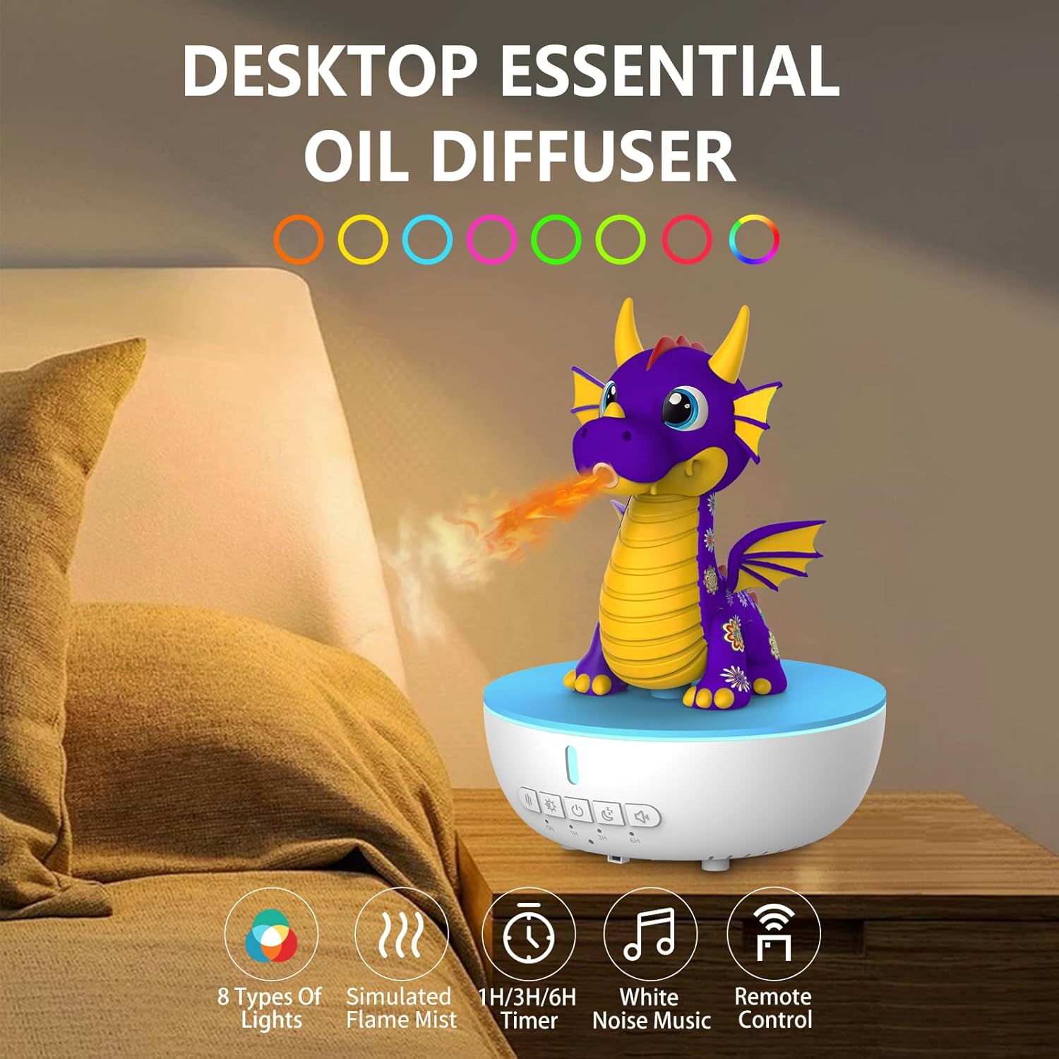 200ML Dragon Essential Oil Diffuser, Aromatherapy & Humidifier with Remote & Timer, 10 Soothing White Noise Machine, Cute Aroma Diffuser for Kids Bedroom, Home, Nursery, Purple