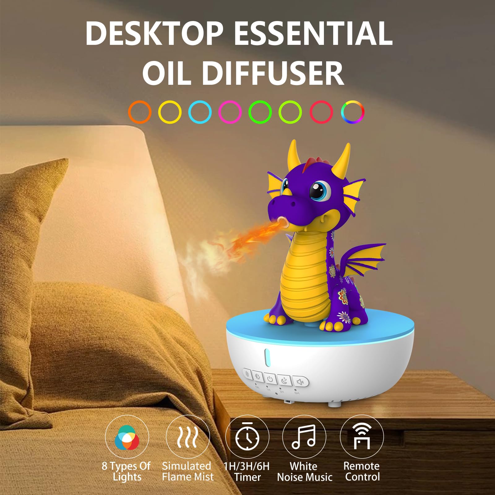 Aroma Diffuser Kinder Drache, 200ml Ultraschall Luftbefeuchter mit Flammen-Effekt, Timer & Fernbedienung, White Noise Einschlafhilfe, 7 Farben Licht, Duftzerstäuber für Ätherische Öle & Schlafzimmer