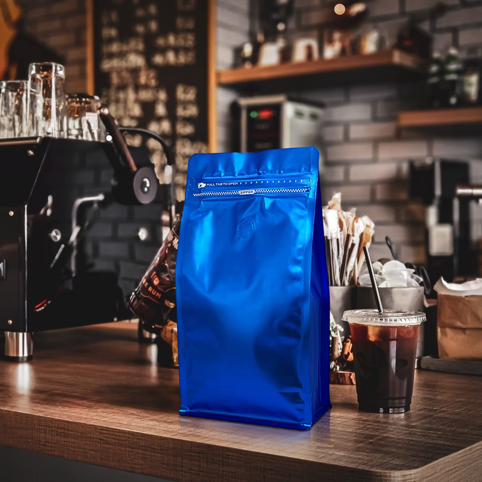 REMTAP Torby na kawę z zaworem (50 szt., 473 g) granatowe wysokie bariery folia aluminiowa płaskie dno stojące torby do przechowywania ziaren kawy, wielokrotnego użytku zamykane termicznie boczne woreczki na zamek błyskawiczny do domu lub sklepu