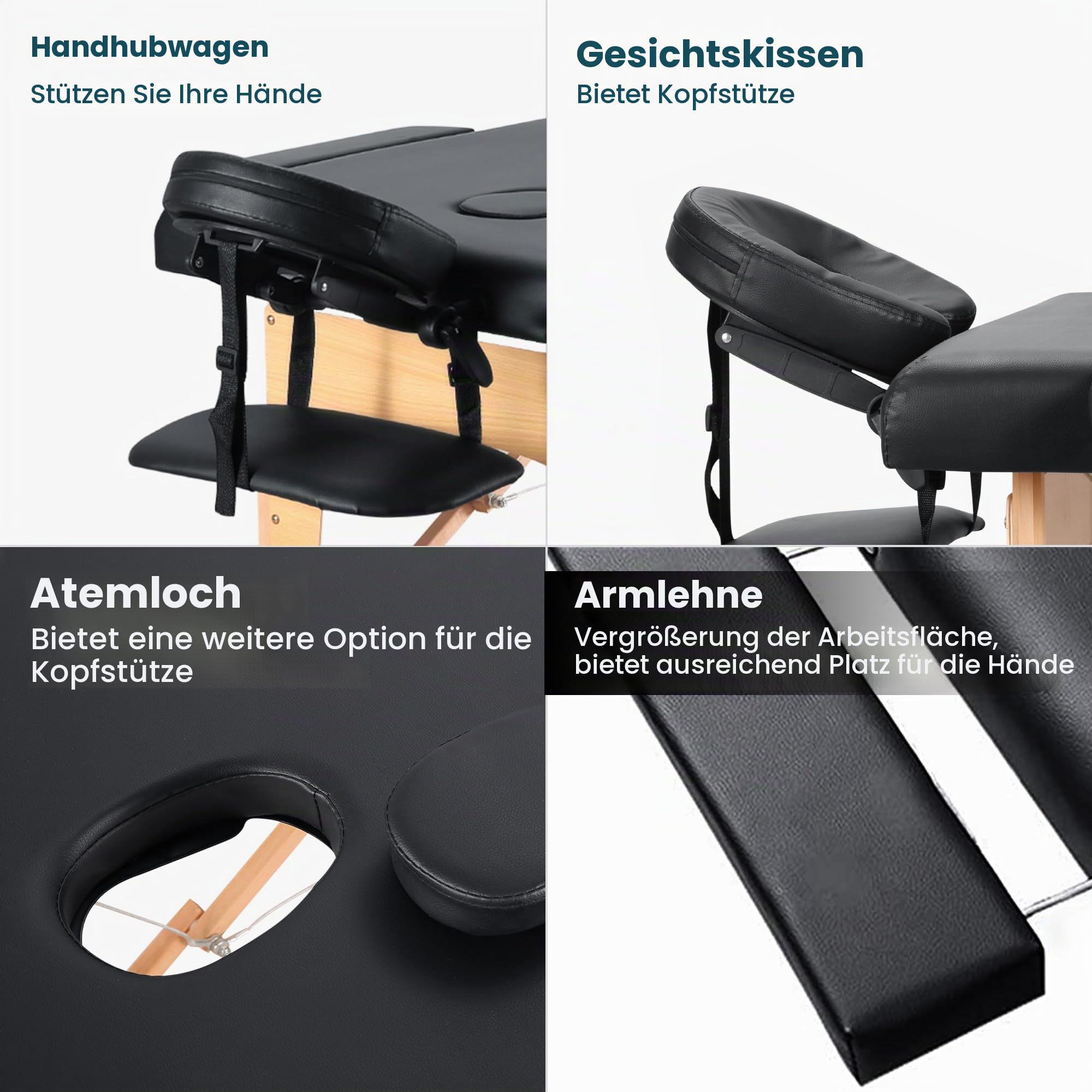 BODIOO Massageliege klappbar Mobile Massagetisch mit Holzfüßen 2-Zonen höhenverstellbar Tragebares Massagebett inkl. Kopfstütze & Armlehnen bis 250 kg Belastbar-Schwarz