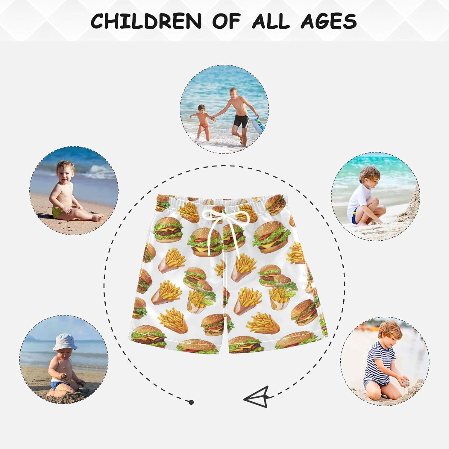 Boccsty Burgers Fries White Boys Swim Trunks Baby Kids Swimwear Summer Toddler Beach Board Shorts Bathing Suit 2T