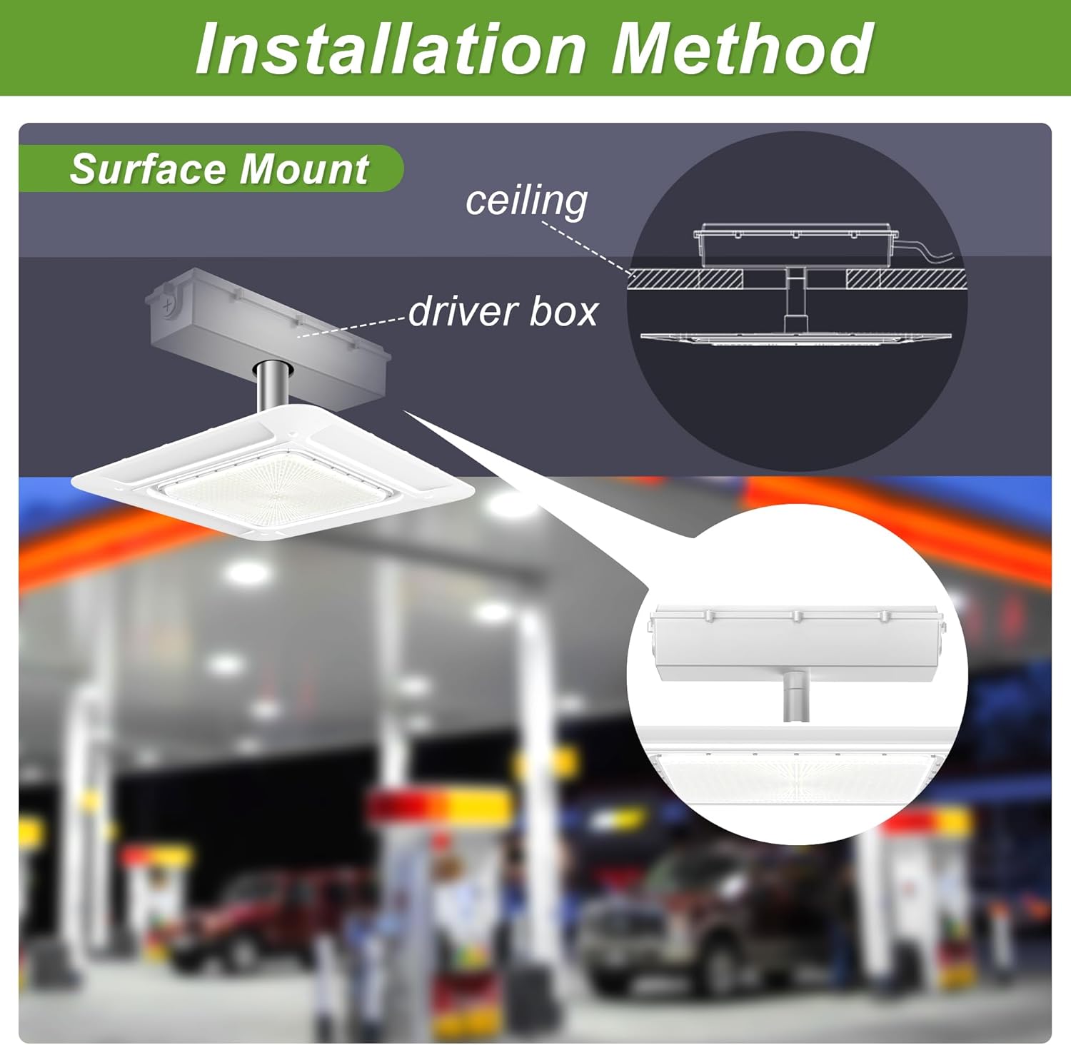 240W LED Canopy Light, 33,600LM 5700K, Surface Mount Gas Station Ceiling Light, IP65 Waterproof, 100-277V DLC & UL Listed, 1000W HID/HPS Equiv. for Airports and Large Parking Lot, Factory