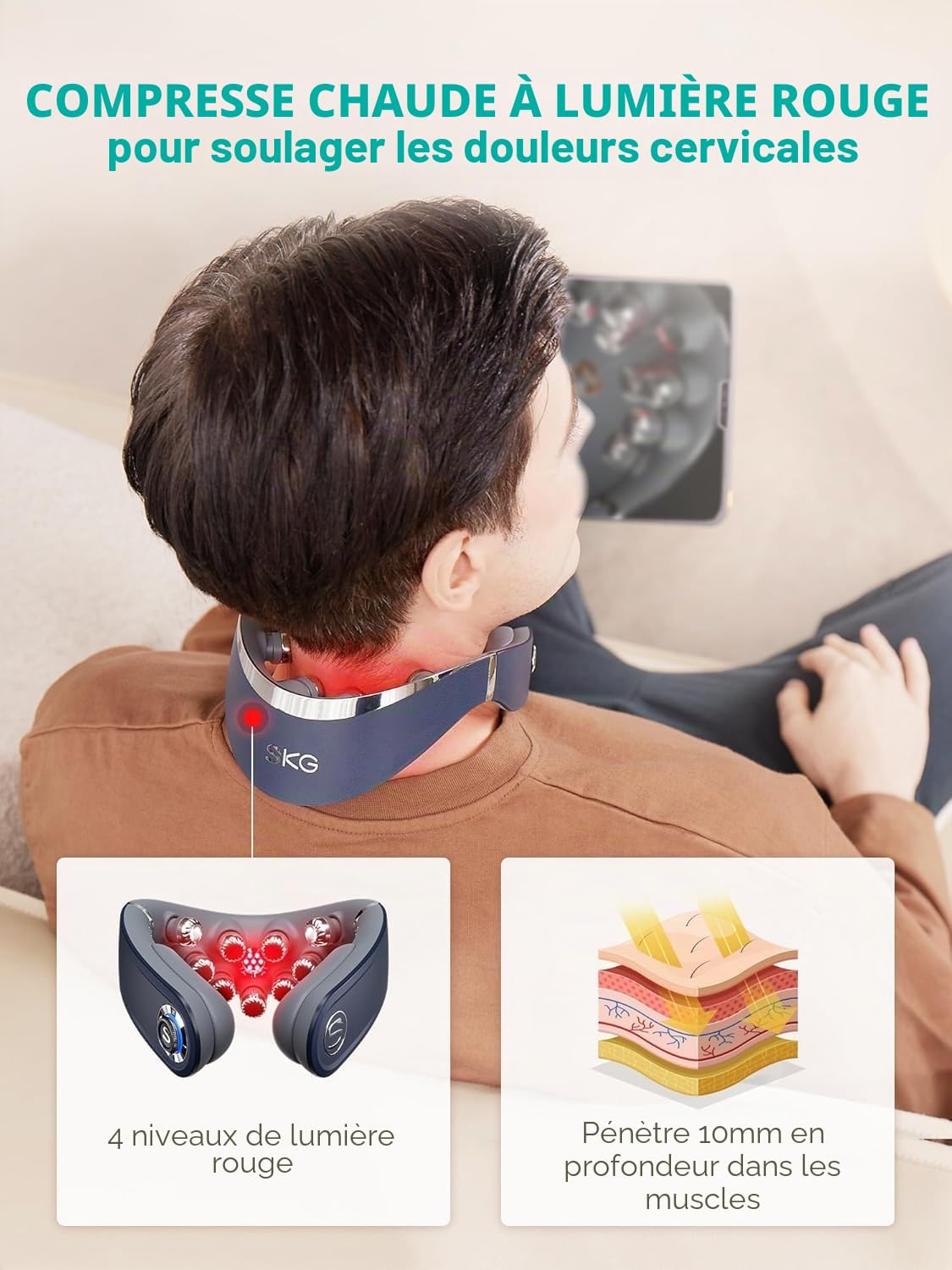 SKG G7PRO-FOLD Appareil de massage de la nuque pliable avec chaleur, sans fil, masseur vibrant pour tissus profonds, soulagement de la douleur, appareil électrique portab