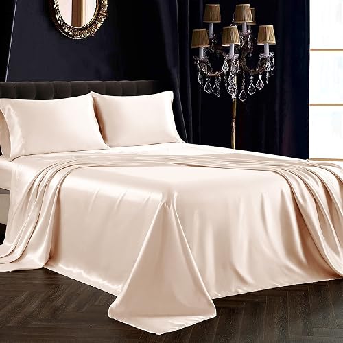 SiinvdaBZX 4Pcs Satin Sheet Set Queen Size Ultra Silky Soft Blush Satin Queen Bed Sheets with Deep Pocket, 1 Fitted Sheet, 1 Flat Sheet, 2 Envelope Closure Pillowcases