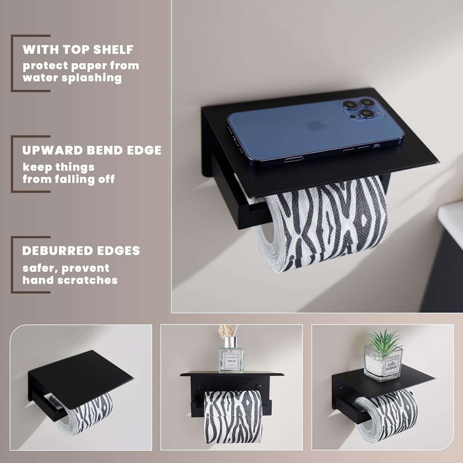 Toilet Paper Holder Bundle with Robe Hook (Matte Black)