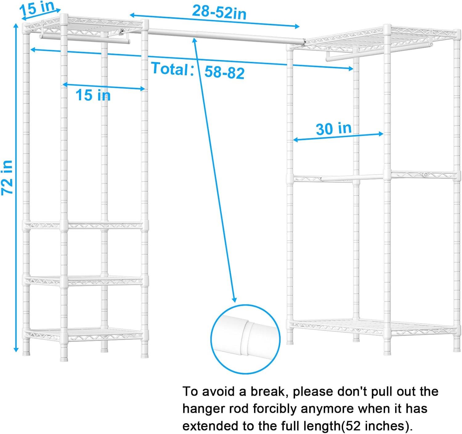 E10L L-Shaped Clothes Rack for Corner?With Expandable Hanger Rod?Heavy Duty Freestanding Clothing Racks for Hanging Clothes?Portable Garment Rack 58-82"W x 30"D x 72"H?Max Load 900LBS, White