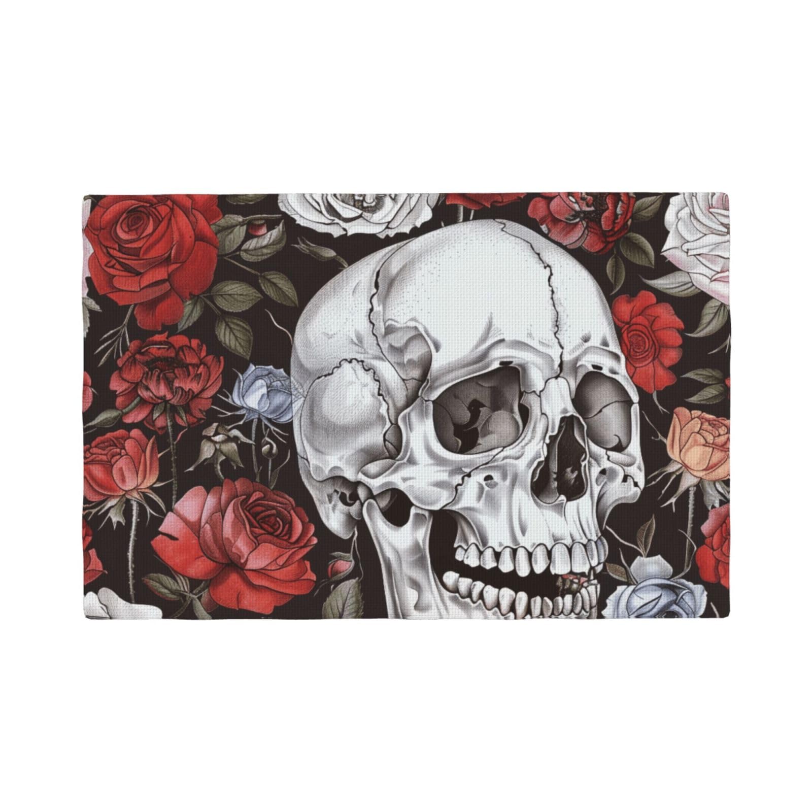 Floral Skull Print Placemats Set, Heat Resistant Washable Placemat 12x18in Table Mats for Party Kitchen Dining Table Decoration Indoor Outdoor, Four Pieces