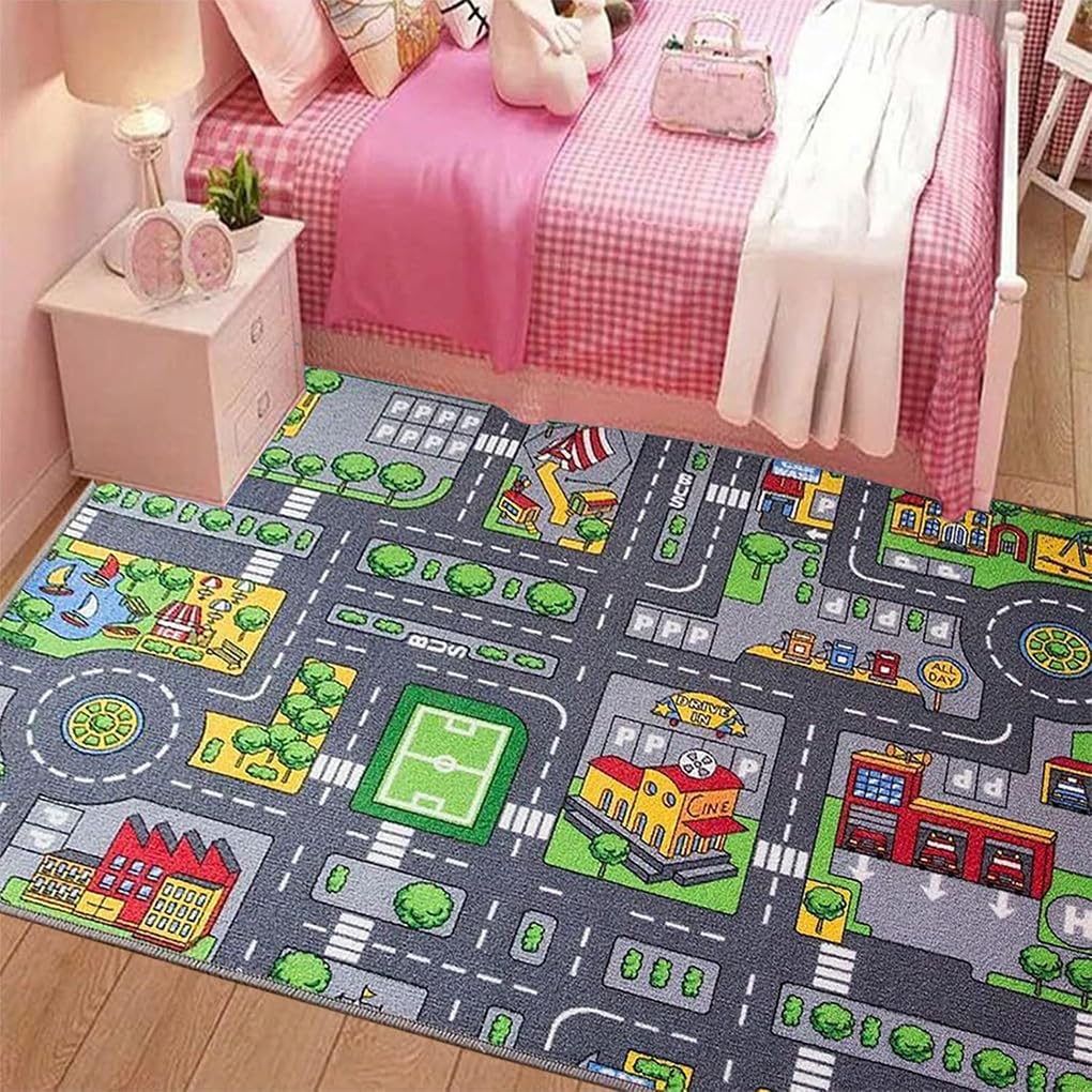 Auto Spielmatten für Kinder, pädagogischer Verkehrs,90x140cm | für die kindliche Entwicklung | Weiche Kinder Krabbelmatte, Plüsch Spielmatte