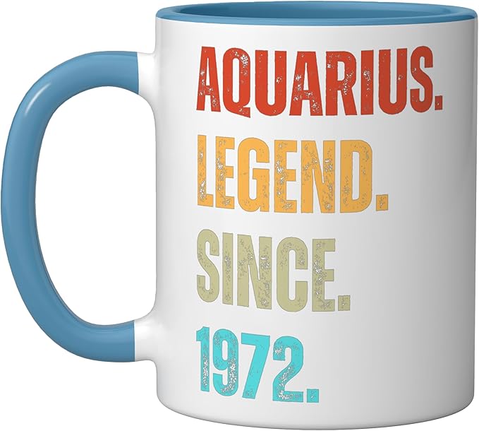 Aquarius Legend Since 1972 Retro Zodiac Sign Birthday Ceramic Mug, Blue/White