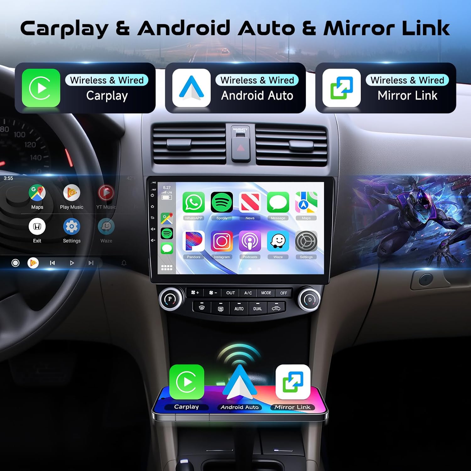 8-Core 4G+64G Qual-comm Snapdragon chip Car Radio for Honda Accord 2003-2007, Rimoody Car Stereo Carplay Android Auto 3D car Model Display GPS WiFi 10.1 Inch IPS Touchscreen Mirror Link Camera