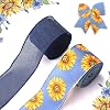 2 Rolls Fall Sunflowers Ribbons for Wreath Bows, 2.5×10 Yard Wired Edge Ribbon Blue Flowers Burlap Ribbons for Gift Wrapping Thanksgiving Day Decoration Supplies