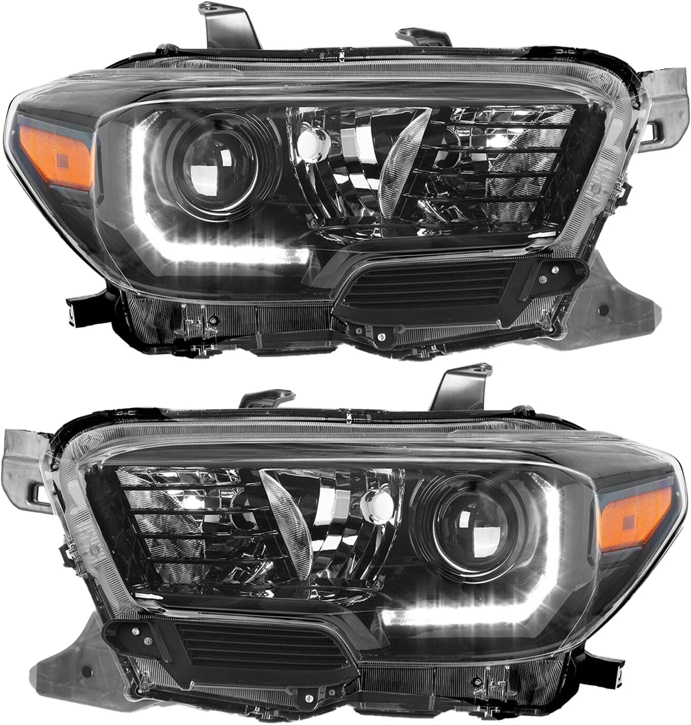 Halogen Projector Headlight Assembly w/LED DRL Compatible with 2016-2021 Toyota Tacoma SR5 TRD Sport TRD Off-Road Trims Headlamp Replace for 81150-04260, 81150-04270 (Black Housing)