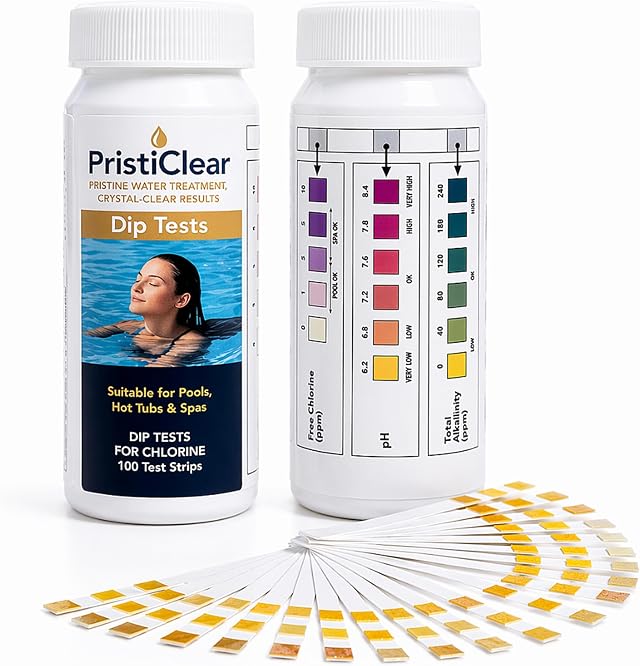 PristiClear Chlorine Pool Test Strips – 100 Water Dip Tests CH0057-TOP for Chlorine, pH & Alkalinity | Fast & Accurate Water Testing for Pools, Hot Tubs & Spas.