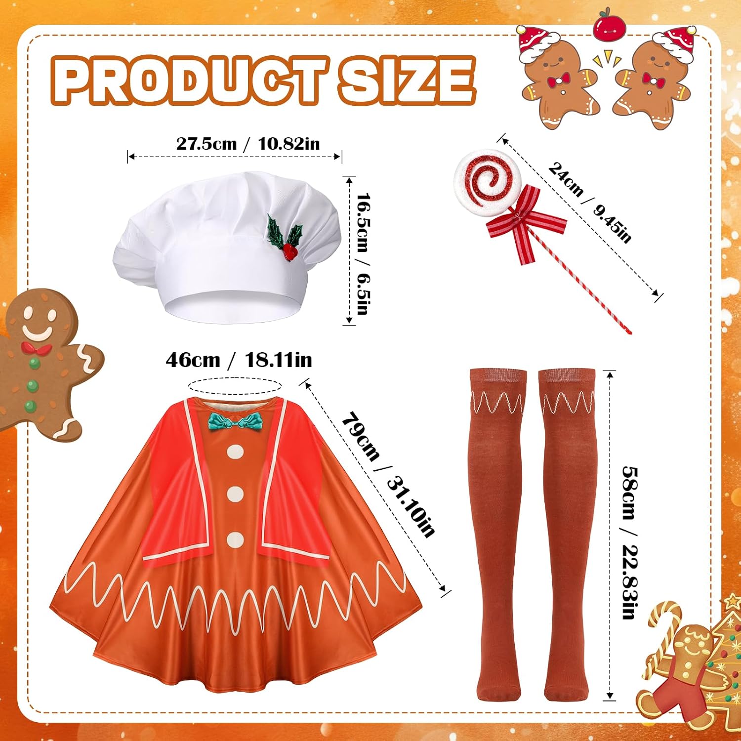 4pcs Gingerbread Man Costume, Gingerbread Costume Women with Poncho Hat Socks and Candy Bar for Christmas Party