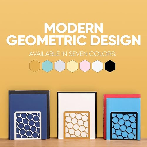 Vista 22 de GEOMOD Sujetalibros geométricos de metal amarillo de panal decorativos, extremos altos y resistentes para estantes, moderno y resistente, soporte