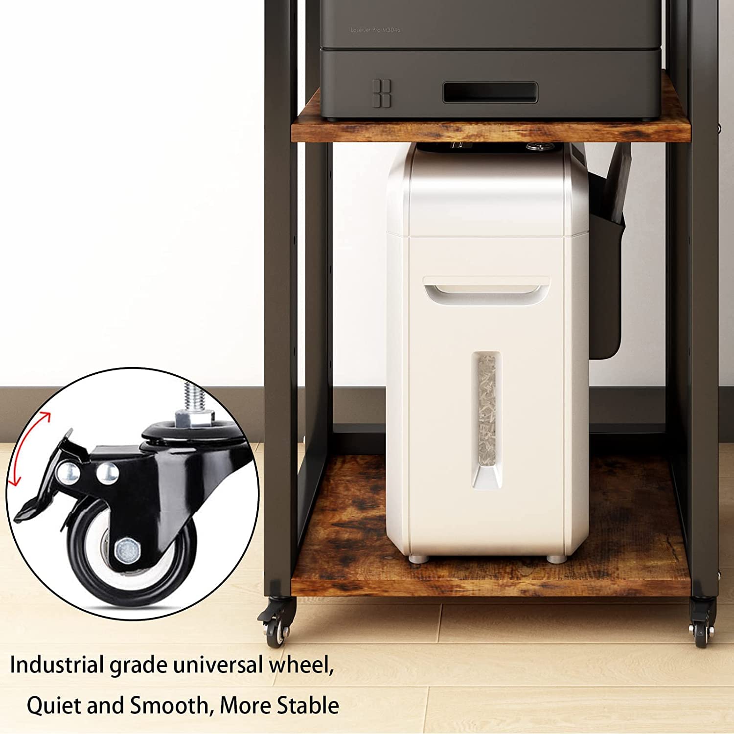 PUNCIA Mesa para Impresora Ajustable en Altura Soporte para Impresión de 3 Niveles con Ruedas Organizador de Papel Móvil de Madera y Metal Estante de Almacenaje Retro para Estudio Oficina Cocina