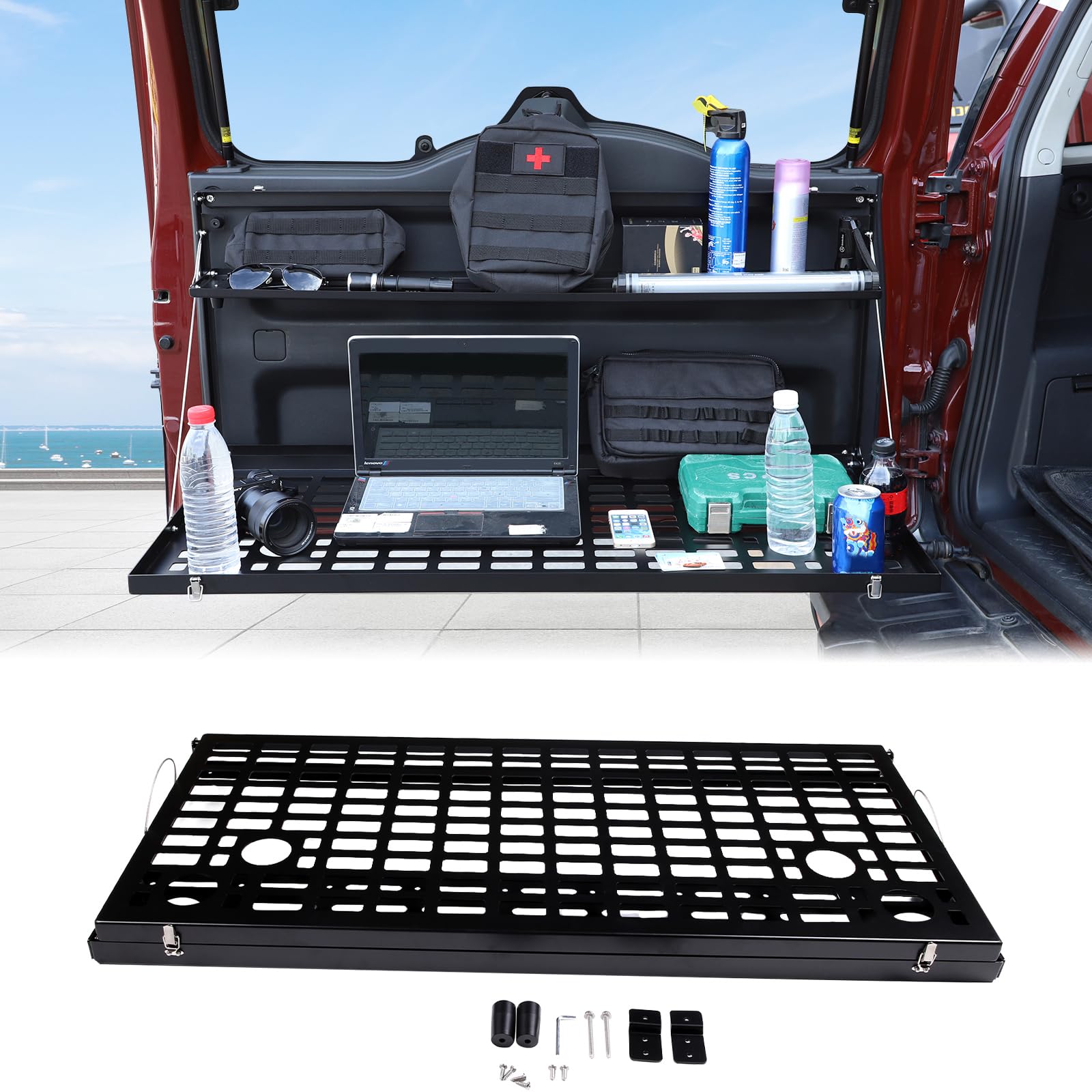 Car Tailgate Table Cargo Storage Rack Shelf Fit Toyot@a FJ Cruiser 2007-2024 Tailgate Folding Dual Layer Storage Holder Rear Door Multifunctional Storage Organizer Tray Mount Bracket Accessories