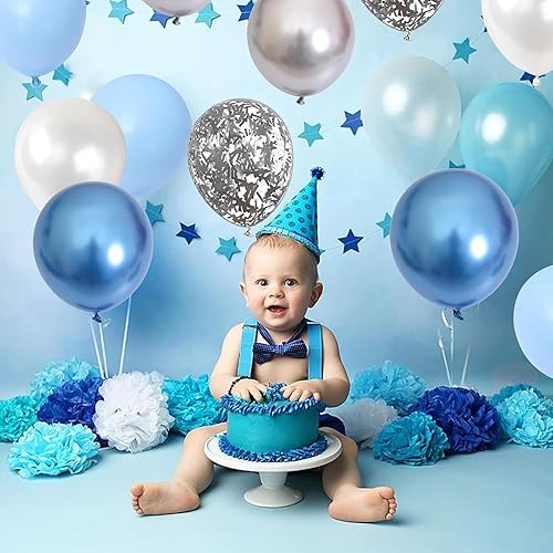 Miniatura 7 de 60 globos de 12 pulgadas de color azul metálico, plateado, blanco cromado y de confeti con brillantina plateada, decoraciones para niños, baby