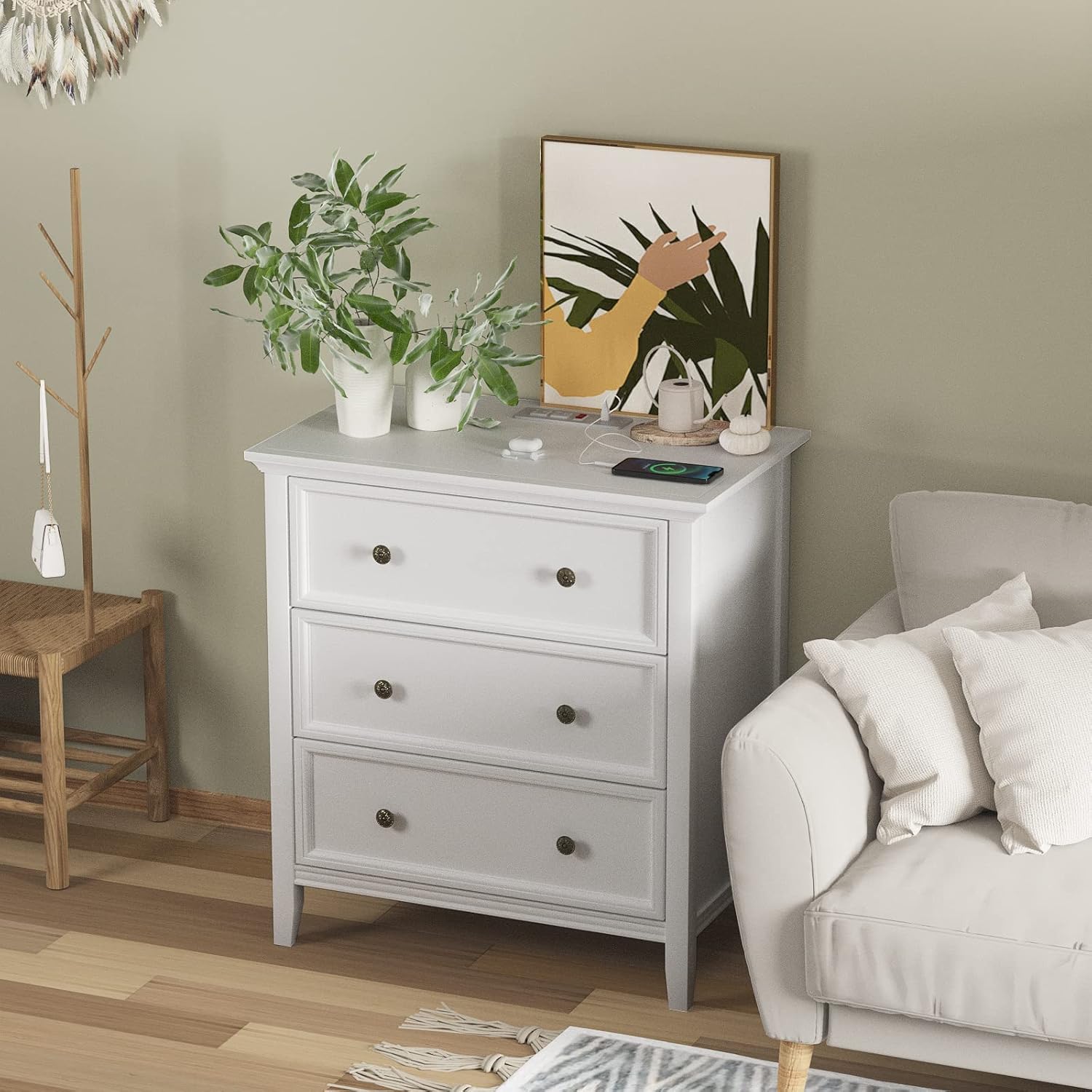 IKENO Solid Wood Nightstand with 3 Drawers and Power Outlet, Tall Bedside Cabinet 16.7" D x 27.6" W x 29.5" H, Single Unit for Bedroom, White - Image 6