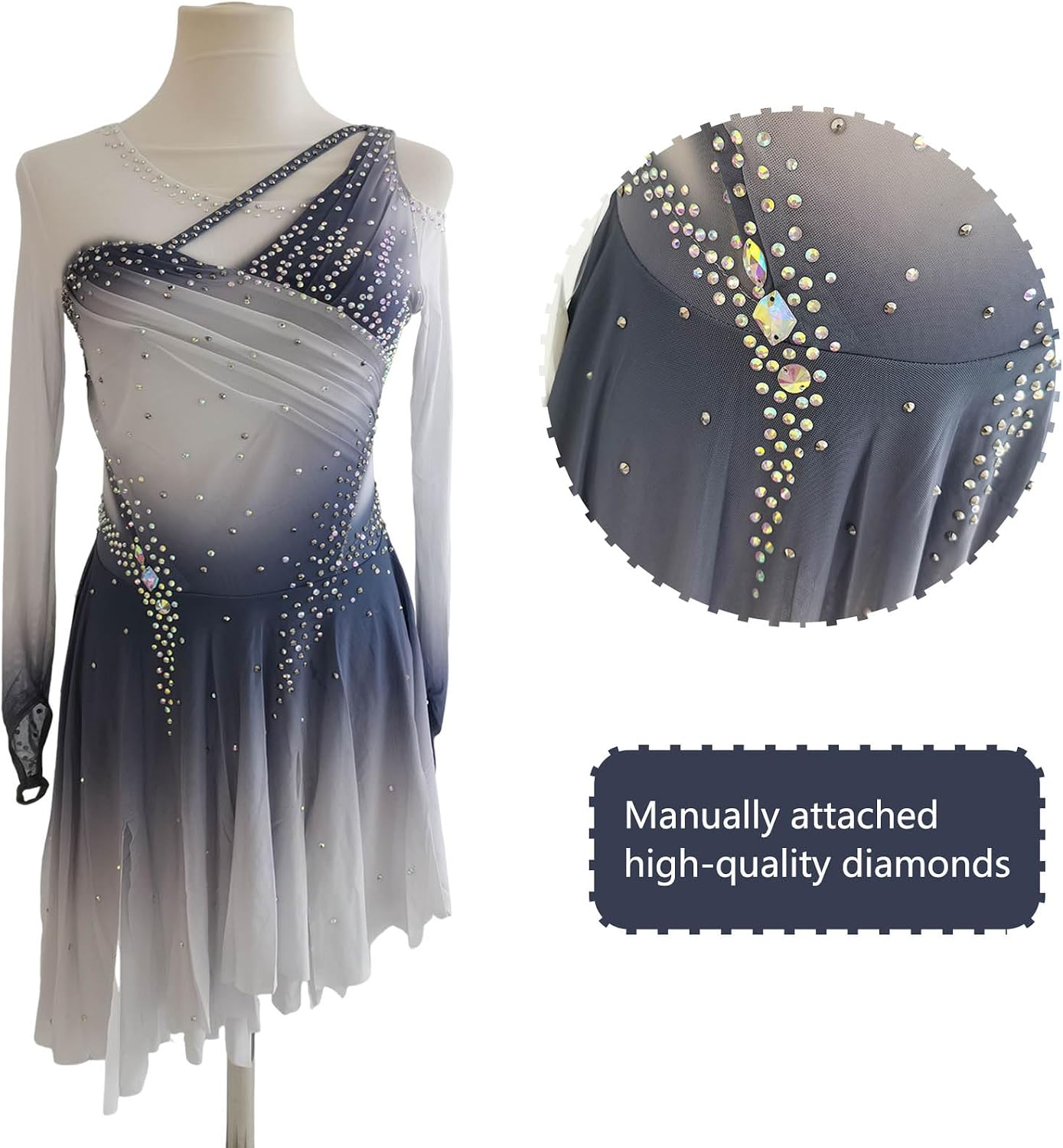 LIUHUO Ice Figure Skating Dress Women's Girls Gray Gradient Long Sleeves Competition Elasticity Comfortable Breathable