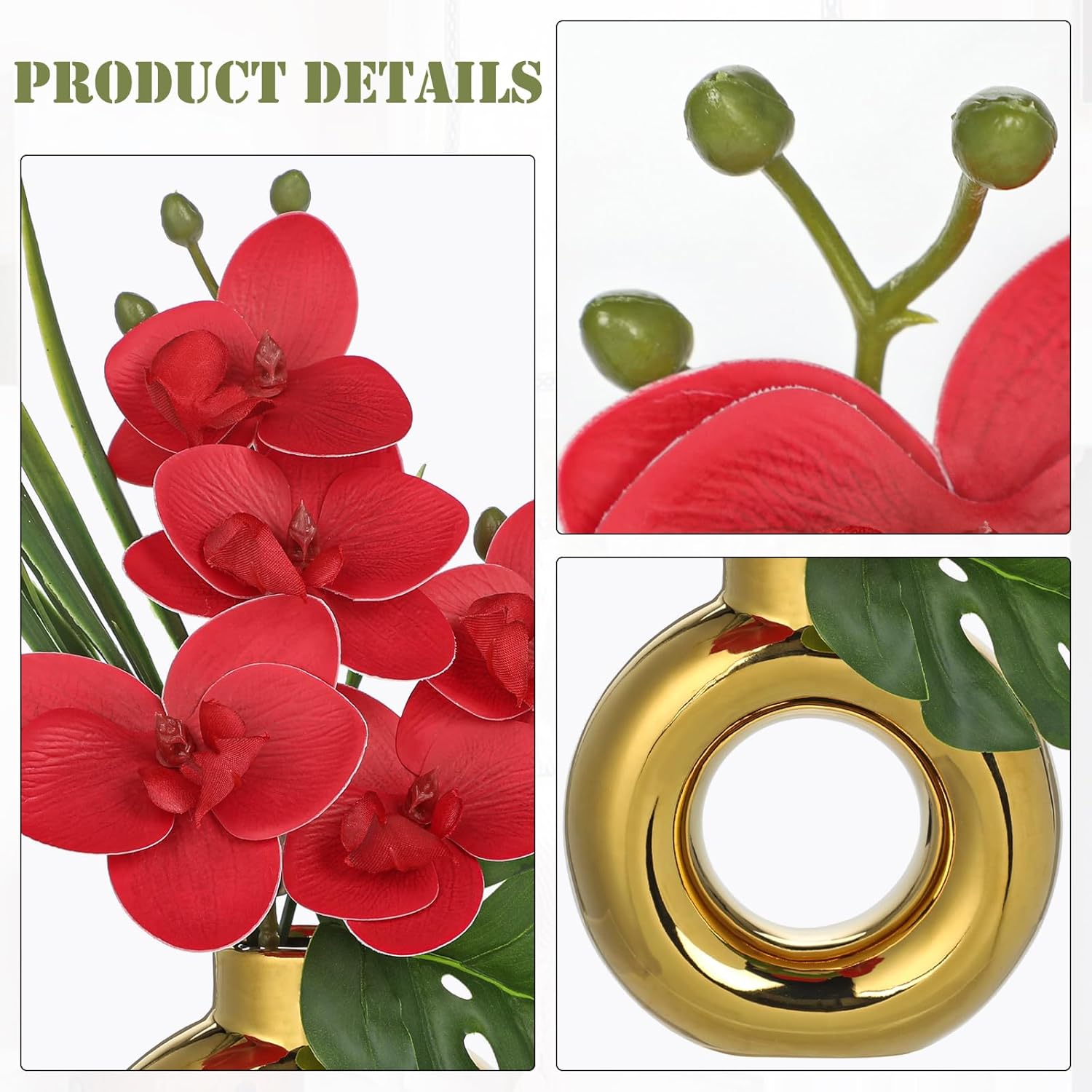 Briful Fake Orchid Flowers with Gold Pot 2PCS Red Orchid Silk Flowers Arrangement Artificial Orchid Plants for Home Office Room Kitchen Shelf Table Decor - Image 3