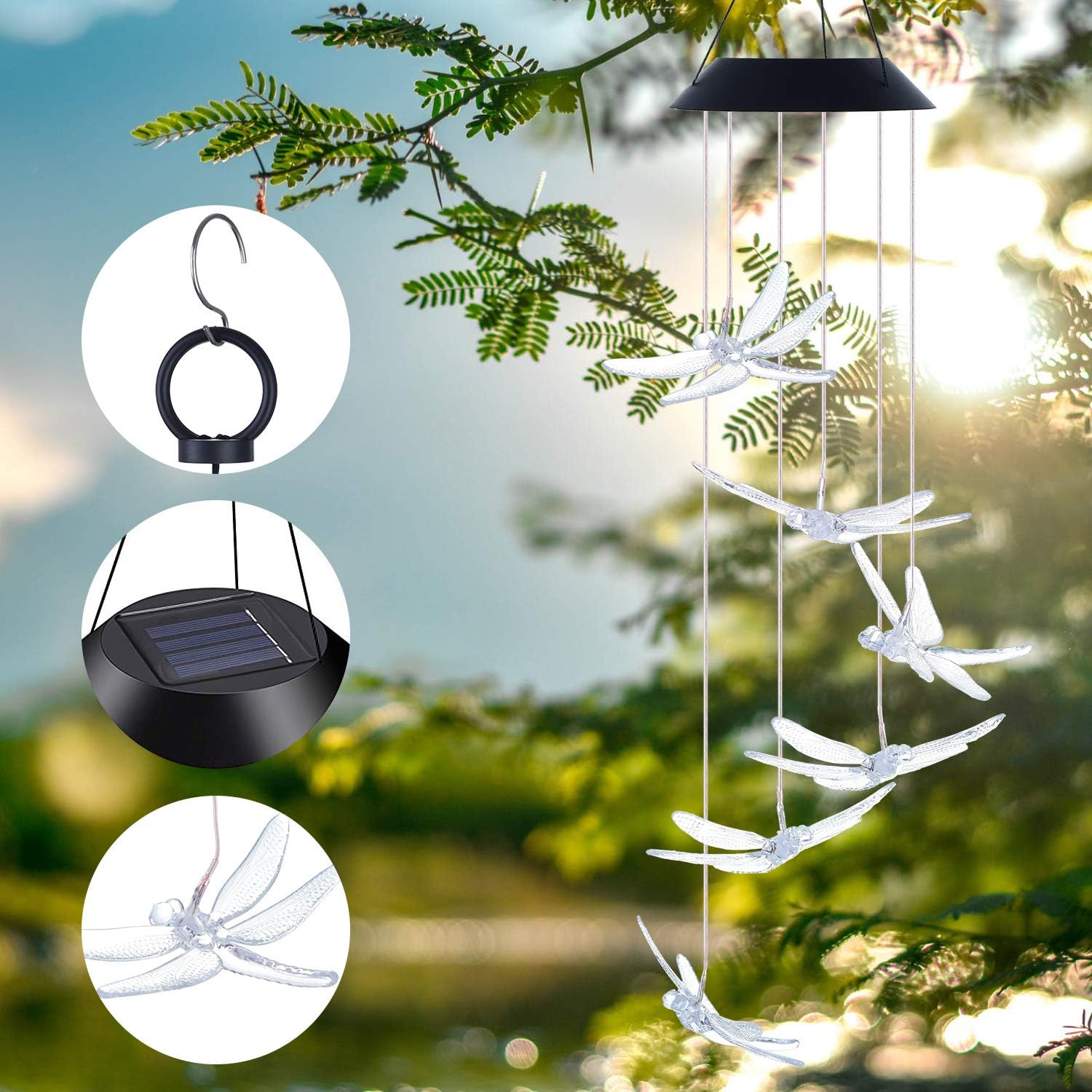 Doingart Solar Wind Chimes Outdoor, Waterproof Solar Dragonfly Wind Chimes Color Changing LED Solar Powered Mobile Wind Chime, Hanging Decorative Romantic Patio Lights for Yard Garden Home Party