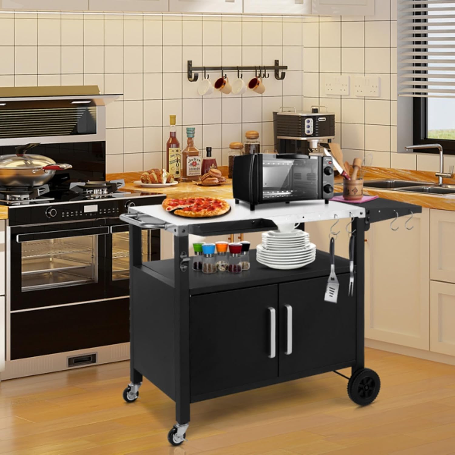 Patio Kitchen Island Outdoor Grill Table,Outdoor Grill Cart with Storage,Rolling Bar Cart Movable Kitchen Island for BBQ, Patio Dining Cart Table for Food Prep with Wheels&&Hooks Foldable Top,Black