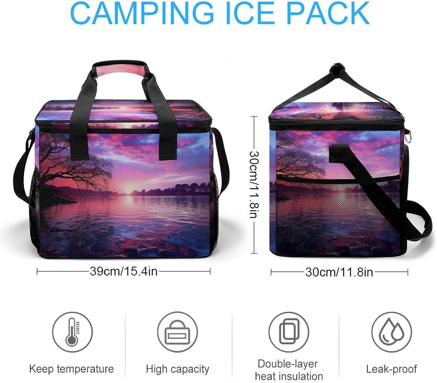 Large Capacity Oxford Cloth Purple Sunset on Water Printed Camping Ice Bag, Outdoor Portable Insulation and Cooling Bag, Suitable for Outdoor Camping and Picnics