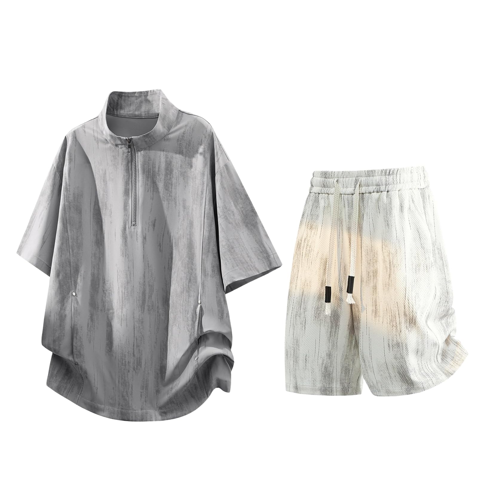 Men's Sport Set Ice Silk Half Zip Short Sleeve T-shirt Shorts Daily Commute Summer-Grey-L