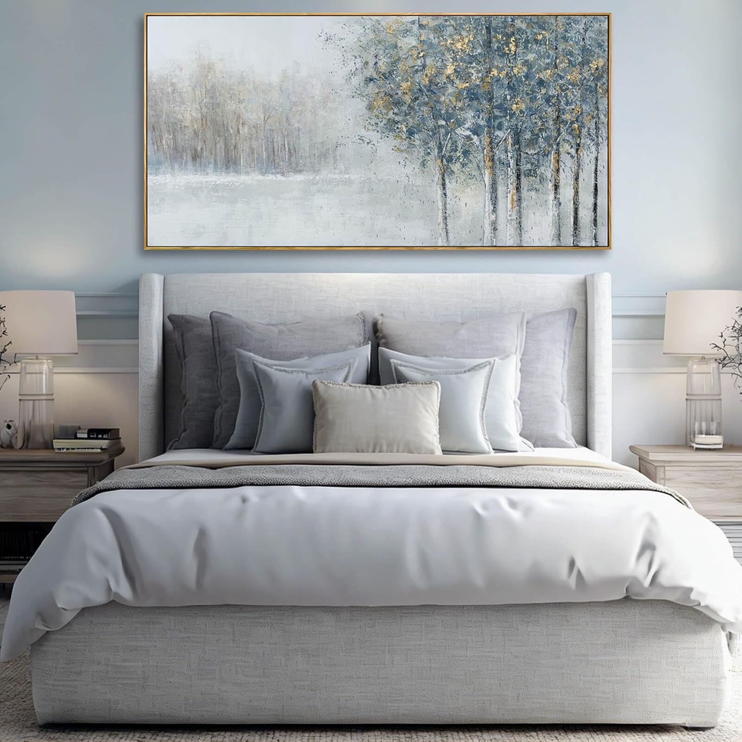 Blue and Grey Tree of Life Wall Art 24x48 Inch, Large Framed Canvas Painting with Wooden Frame, Modern Nature Wall Decor for Bedroom Living Room or Office