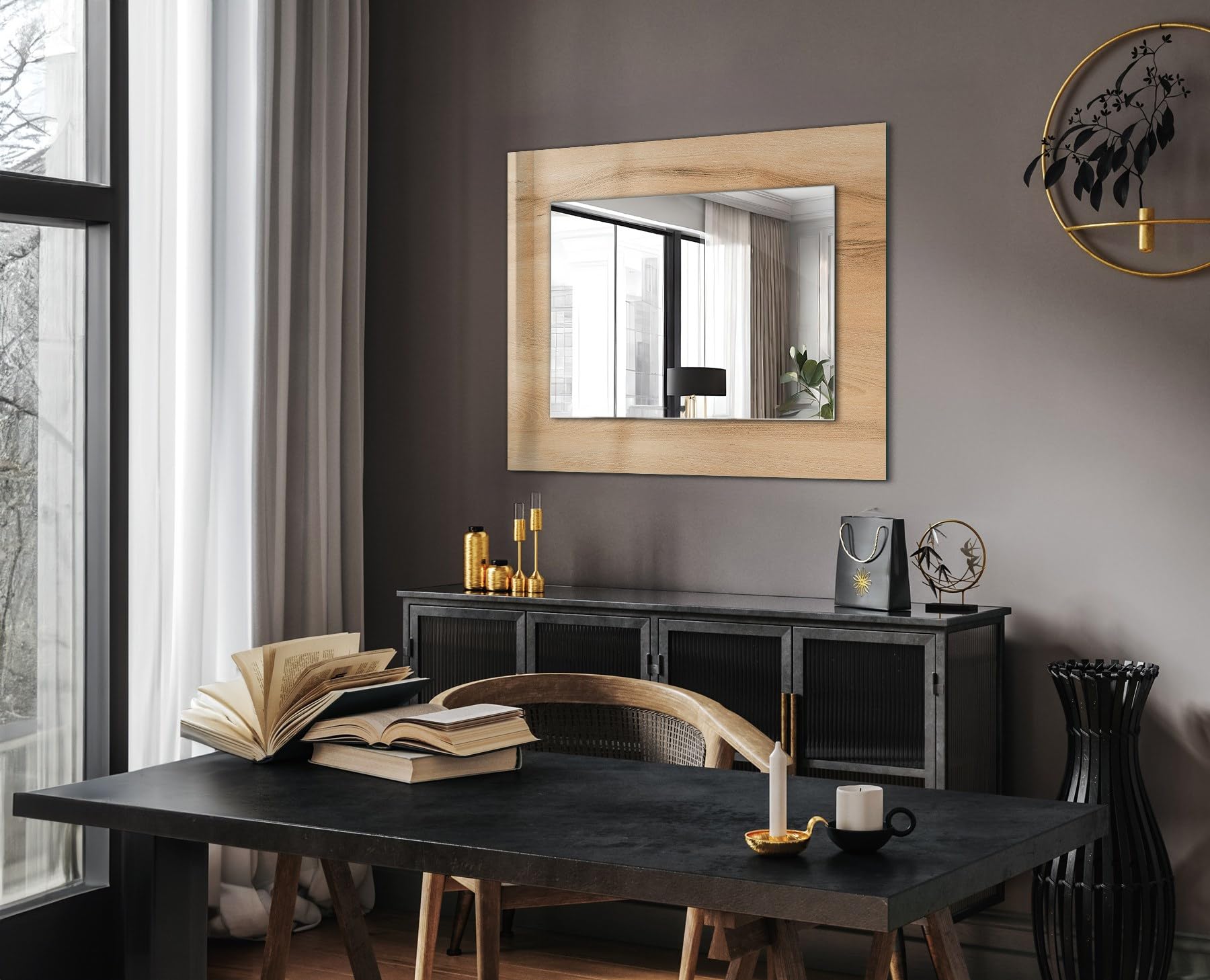 Prostokątne lustro ścienne, 80 x 60 cm, szklana rama z nadrukowaną krawędzią, elegancki akcent do każdego pomieszczenia, faktura drewnianej deski