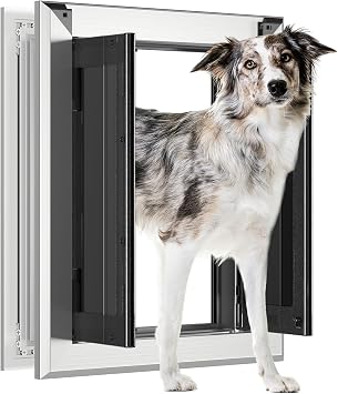 Aluminum French Large Dog Door,Strong Double Magnetic Flaps,with Aluminum Telescoping Tunnel Heavy-Duty Do g Door for L arge and Medium Dog Up to 110LBS Silver, Large