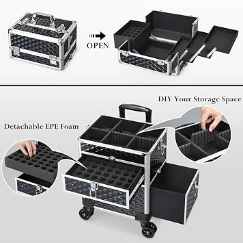 Makeup Suitcase Rolling Makeup Case with Wheels Drawers Large Professional Cosmetology Trolley Travel Cosmetic Storage Train Cases for Women