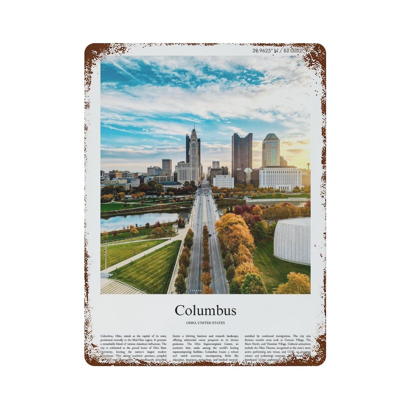 xiaoxiaoshen Columbus Ohio, United States, USA City Scenery Wall Decor Art Metal Tin Poster Modern Home Decor Art Home Bar Shop Decorations Vintage Sign 40x30cm
