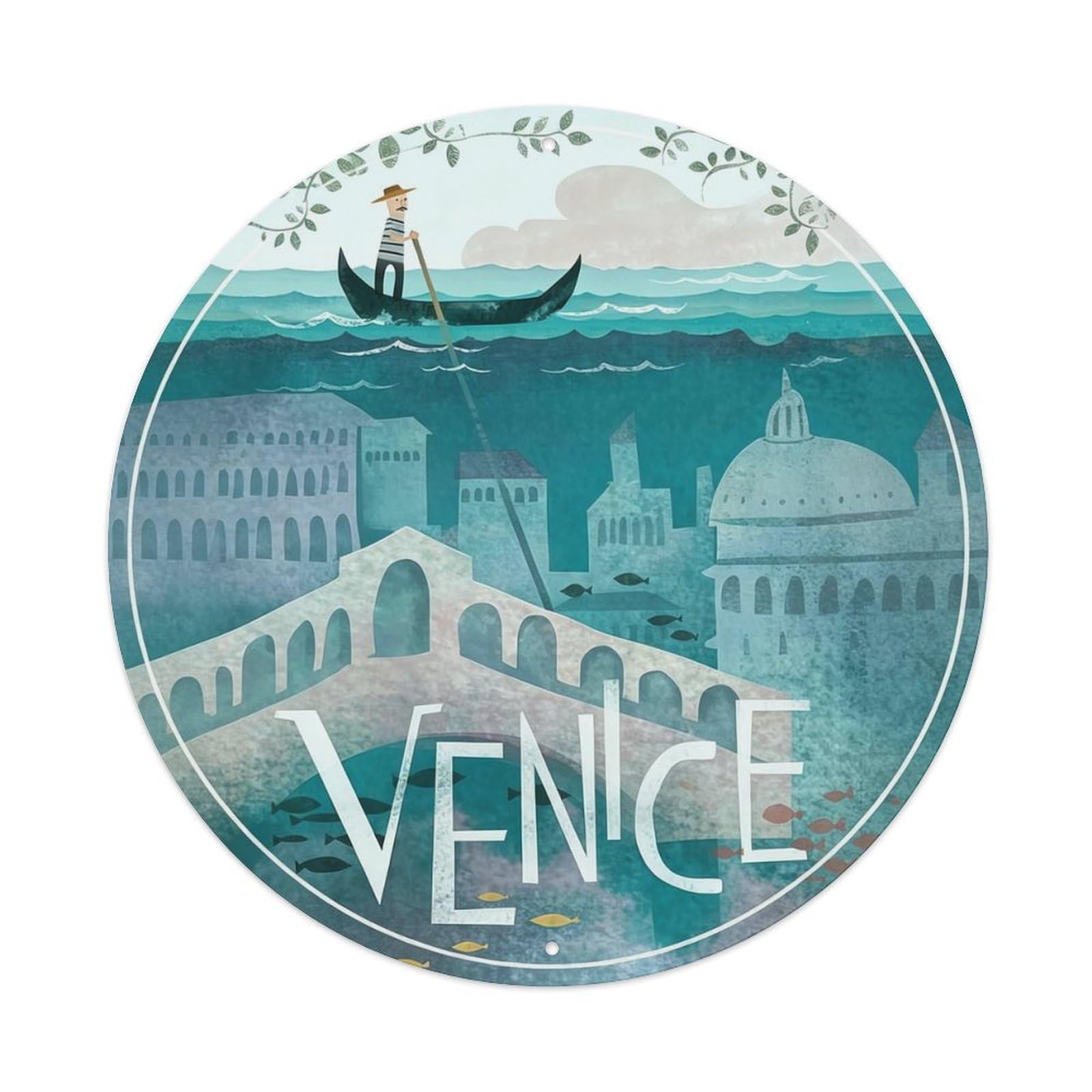 Travel Venice Metal Tin Sign Plaque Wall Decor for Cafe, Club, Garden Round Metal Poster 8x8Inch