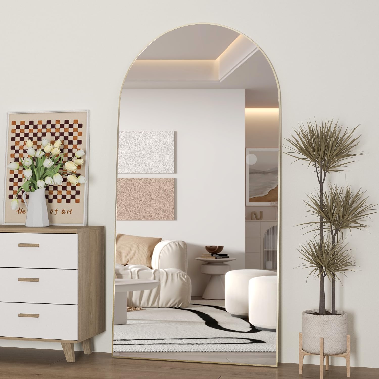 Spiegel in voller Länge 180x80 cm Gewölbter Spiegel Ganzkörper Gold Stehend Bodenspiegel mit Ständer Hängend oder an die Wand gelehnt für Schlafzimmer Eingang, Wohnzimmer