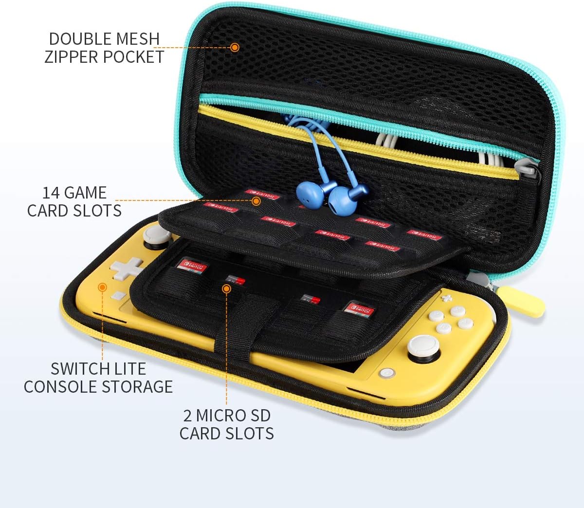 Kootek Travel Carry Case for Nintendo Switch Lite (2019 Version), 14 Game Card Holders 2 Micro SD Cards Slot Protective Hard Shell Portable Carrying Cases Accessories Storage